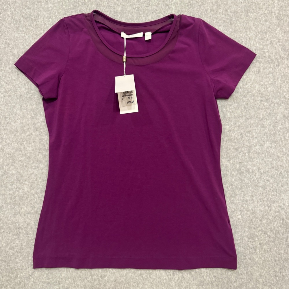 Hugo Boss Womens Purple Silk Mesh Trim Scoop Neck Short Sleeve Top Size L NEW